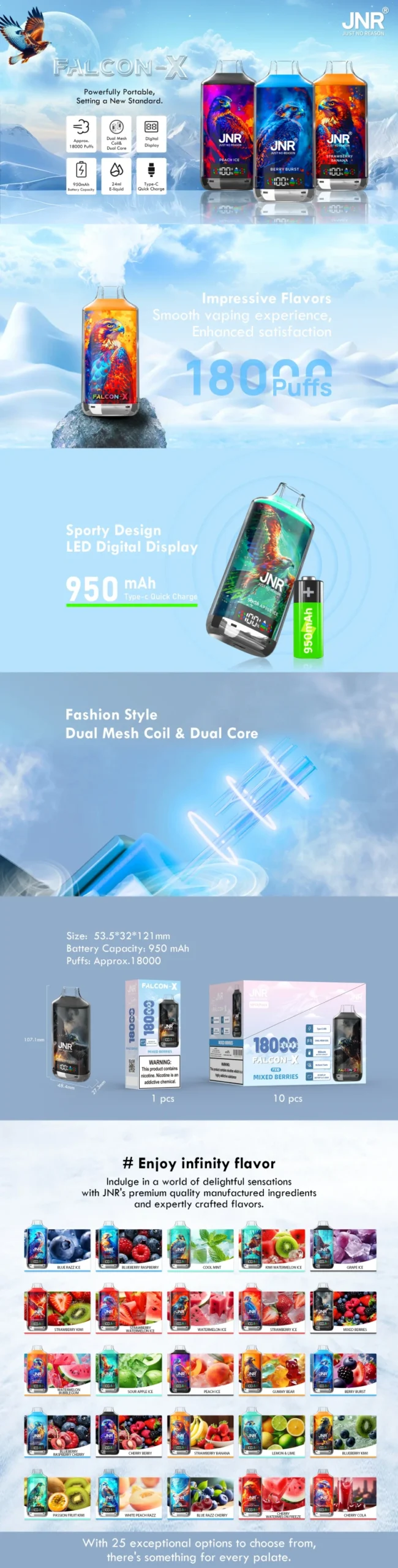 JNR 18000 Puffs 18k Falcon X LED Digital Display Disposable Vape Wholesale