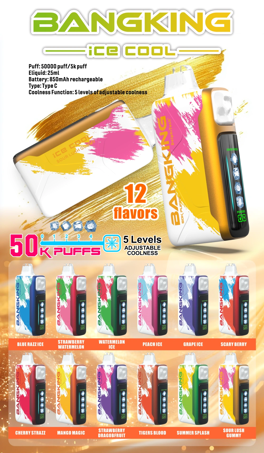 Bang King 50000 Puffs 50k Ice Cool 5 Niveles de Frío Ajustable Vape Desechable