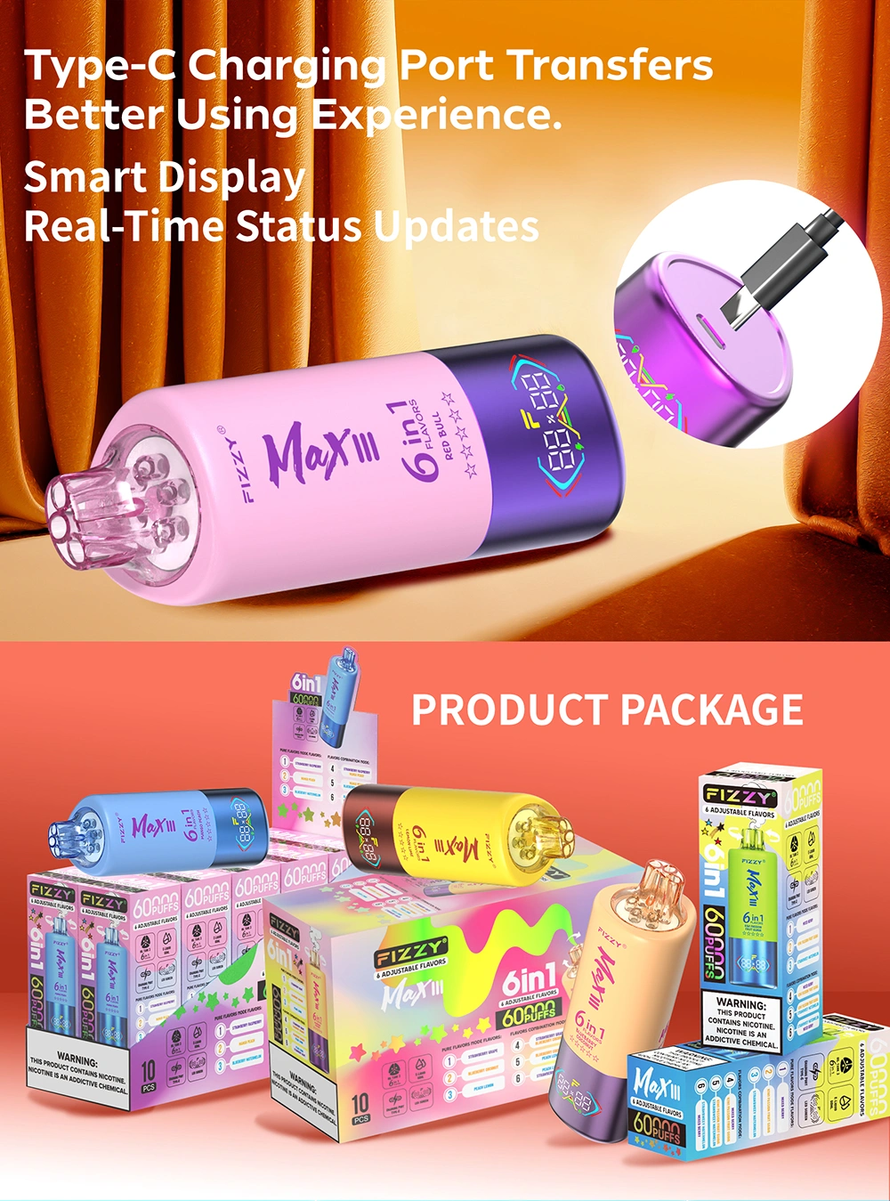 Fizzy 60000 Puff 6 in 1 Puff 60k LED Screen Vape usa e getta Magazzino UE