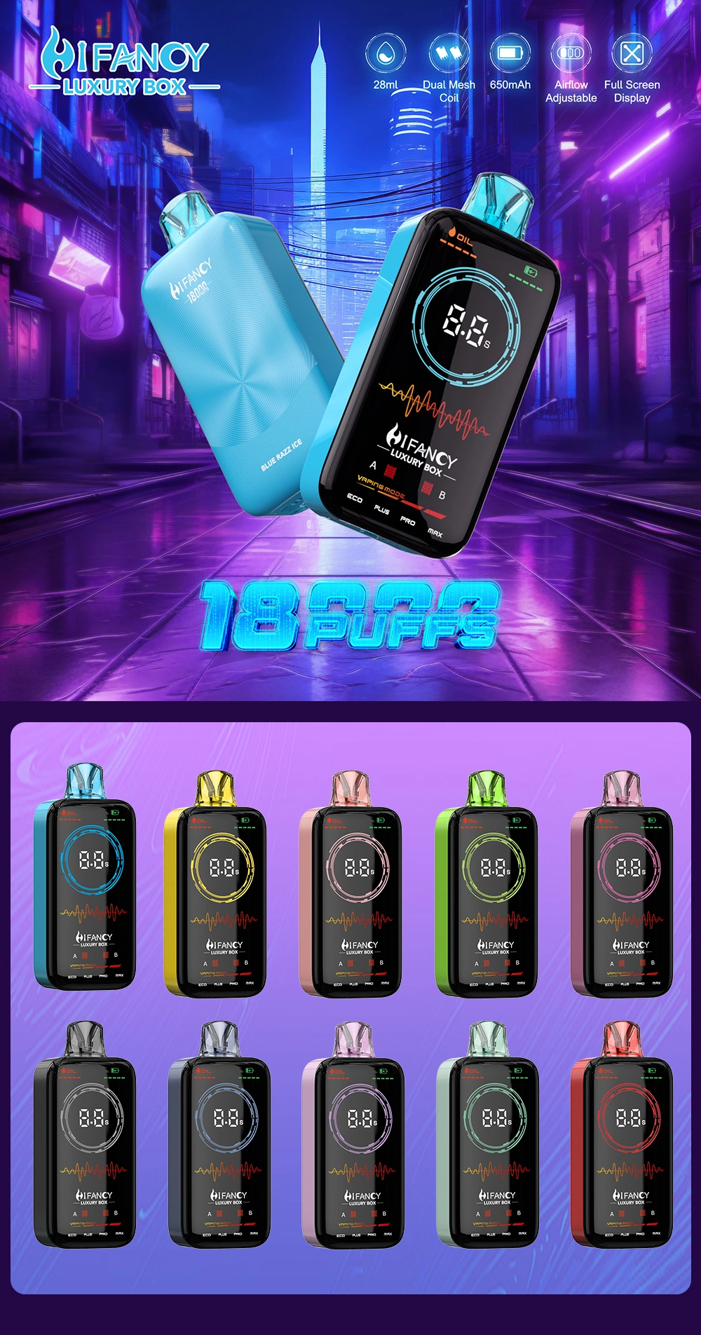 Hifancy 18000 Puffs 18k Πολυτελές κουτί μίας χρήσης Vape