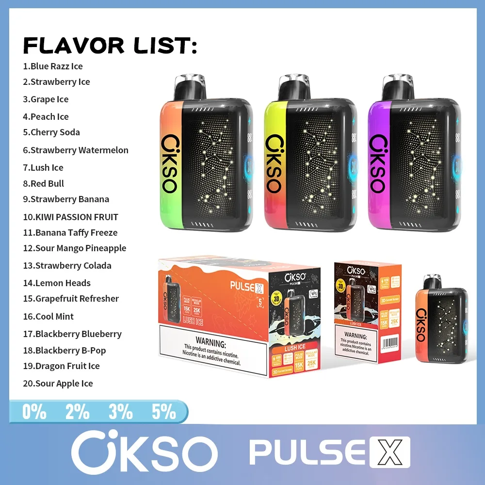 OKSO 25000 Puffs 15k 25k Pulse X jednorázové Vape 3D zakřivená obrazovka