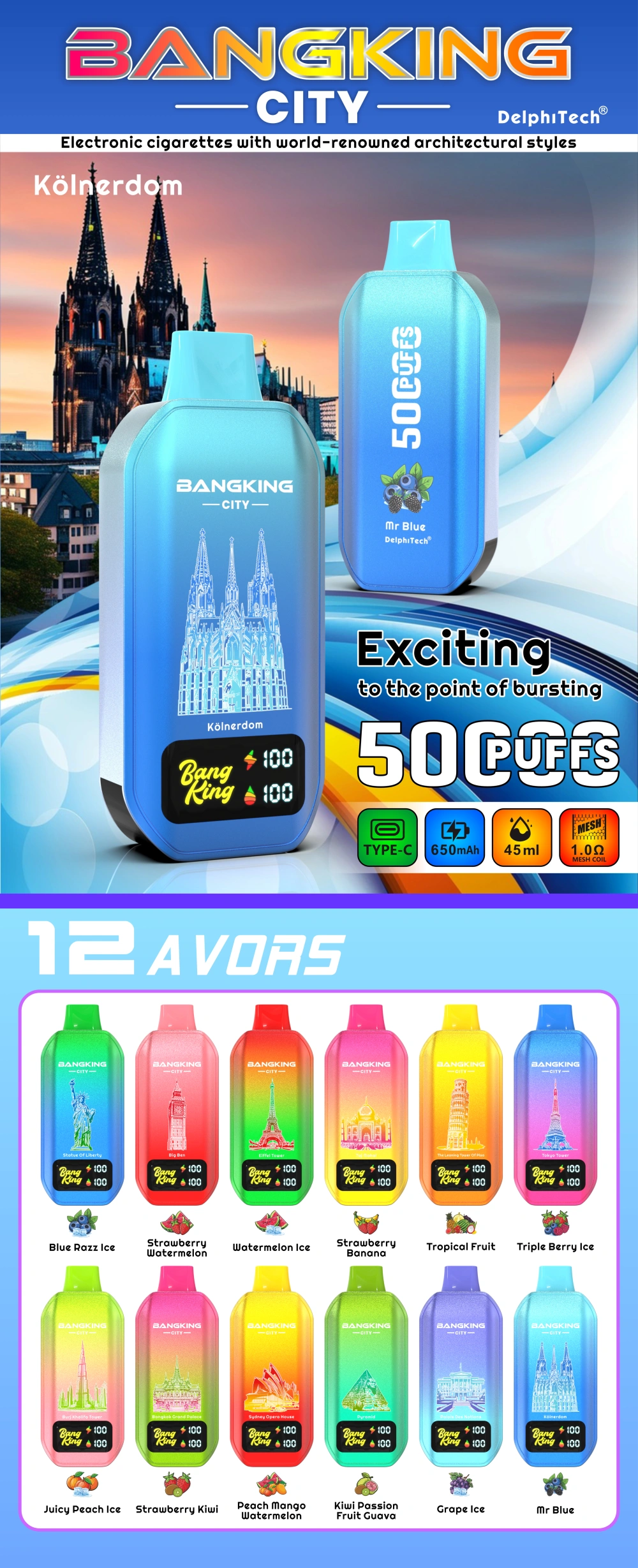 Puff 50k Bang King 50000 Puffs City Smart Screen Vienkartinė Vape elektroninė cigaretė Didmeninė prekyba