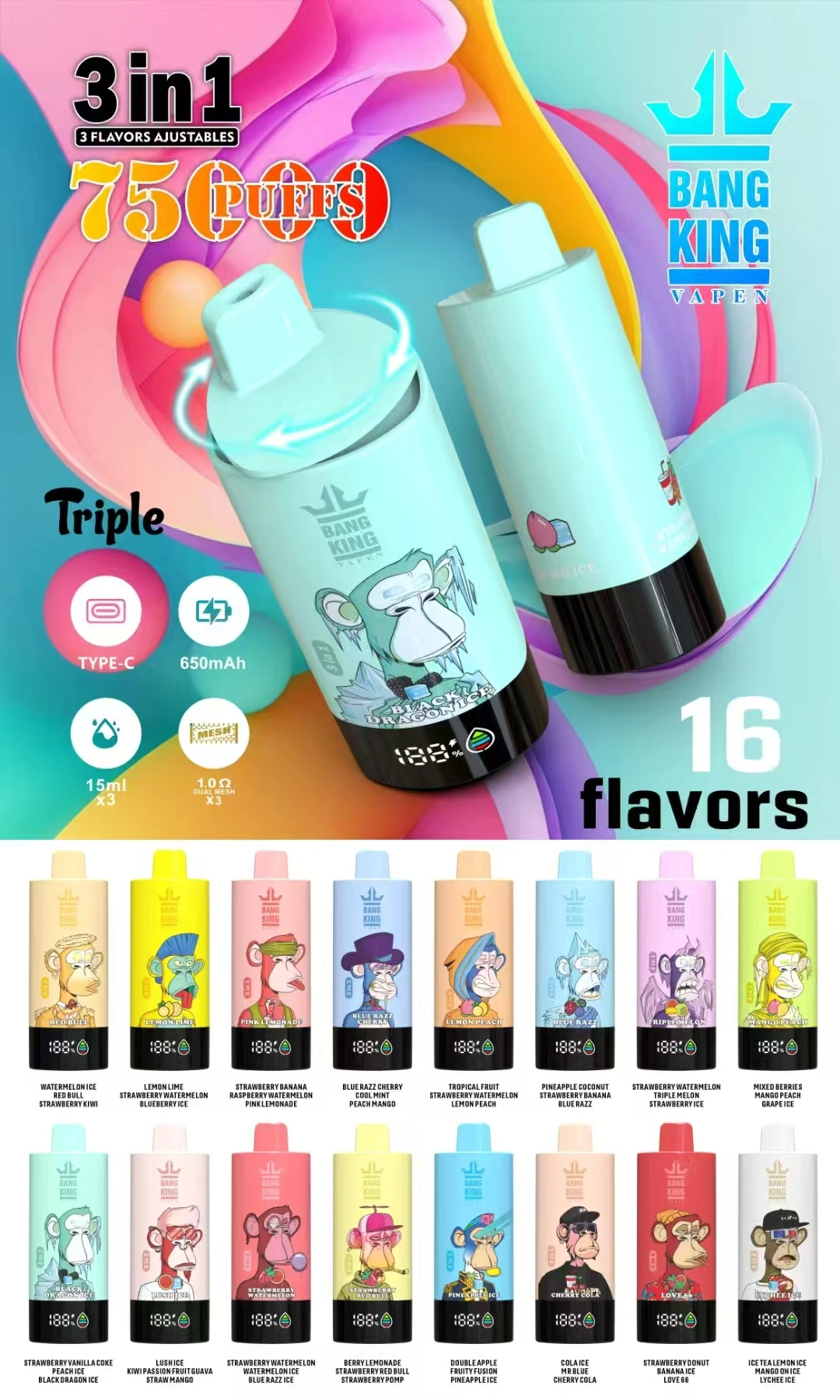 Puffs 75k Bang King 75000 Puffs 3 v 1 za enkratno uporabo Vape Triple Flavors
