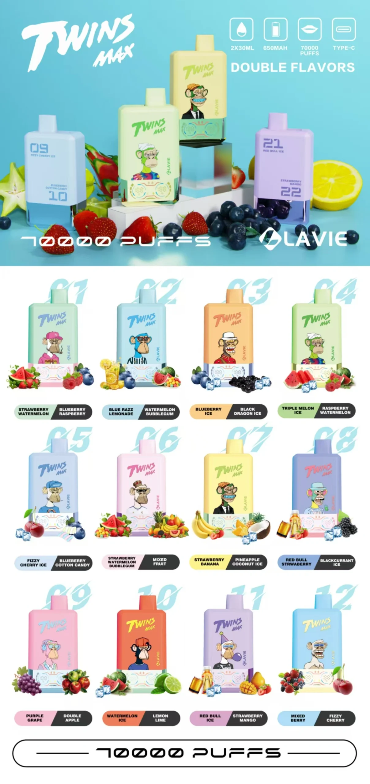 Lavie 70000 Puffs 70k Twins Max 2 σε 1 Vape μίας χρήσης