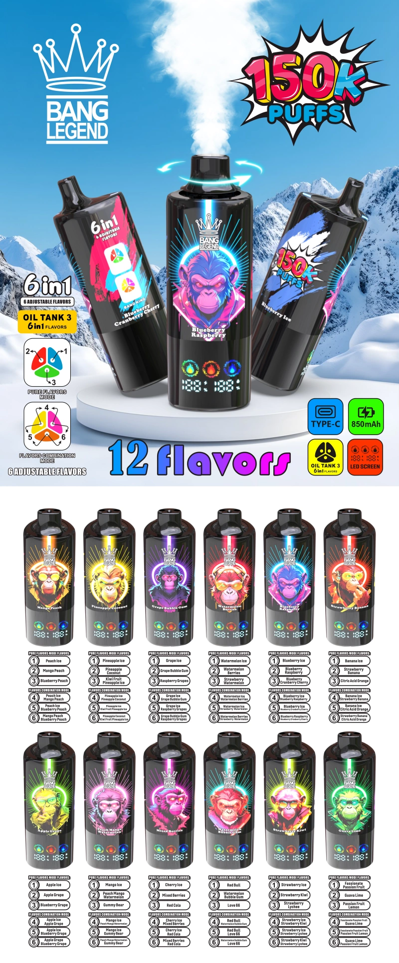 Bang Legend 150000 Pufffs 6 i 1 Engangs Vape Engros Gratis forsendelse