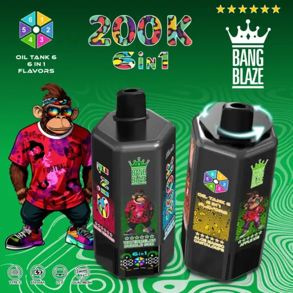 "Bang Blaze" 200k Puffs 6 in 1 ilgiausiai trunkantis vienkartinis Vape Nemokamas pristatymas